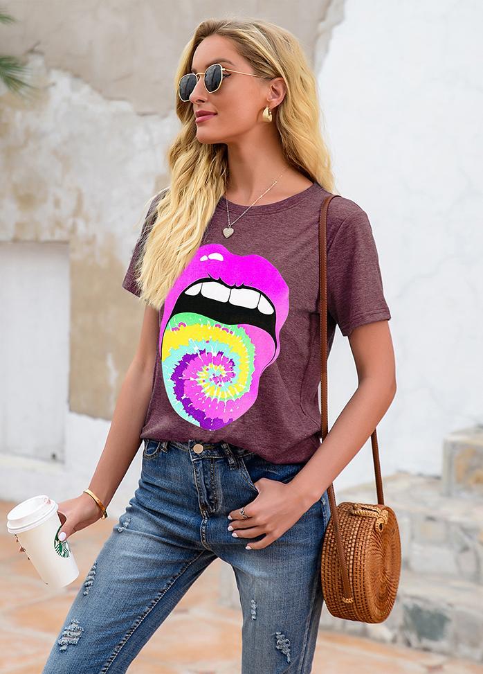 Lip Printed Round Neck Short Sleeve T-shirt