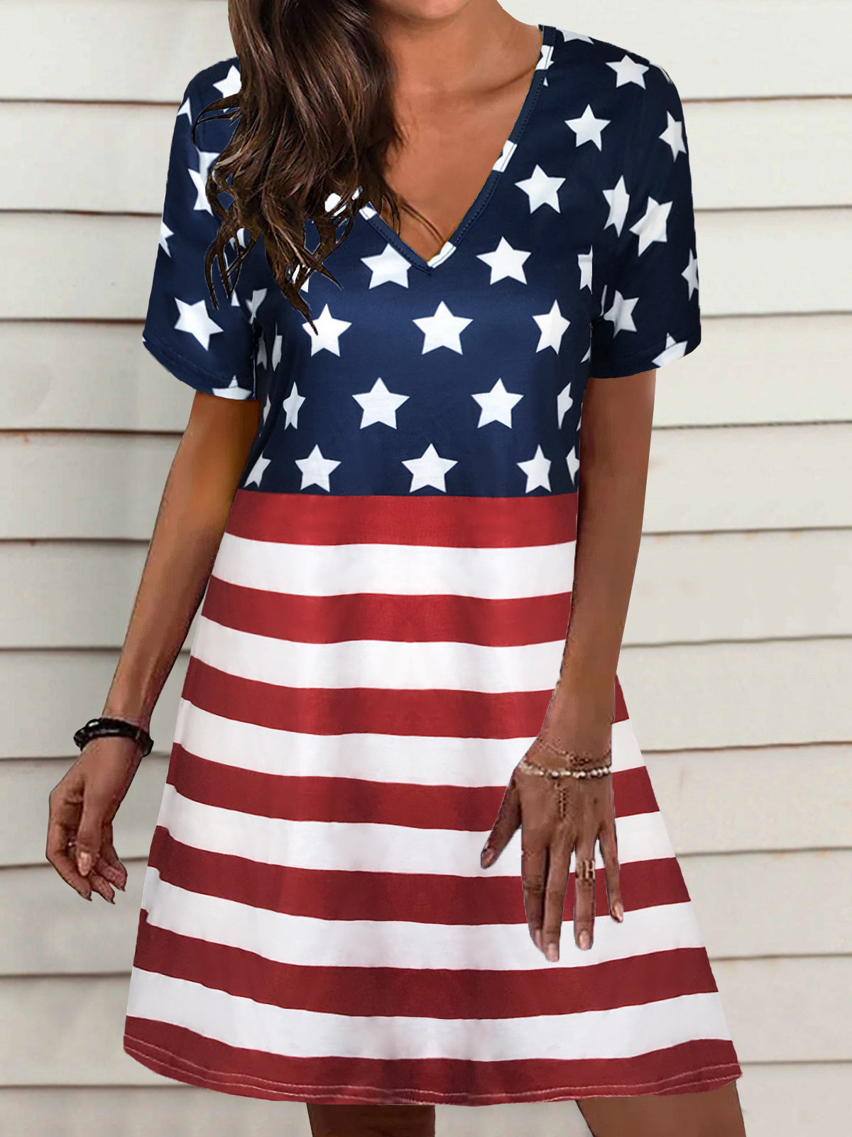 Women's Dresses Loose Star Stripe V-Neck Short Sleeve Dress