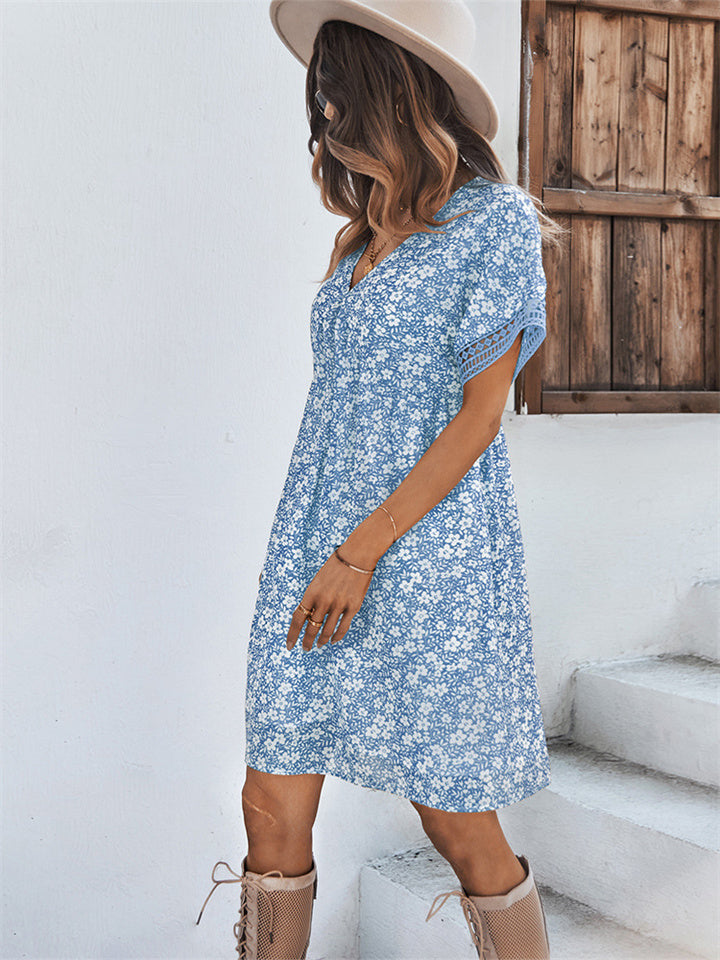 Fashion Women's Dresses Summer V-neck Chiffon Skirt Printed Short-sleeved Dress Yellow Green Black Blue