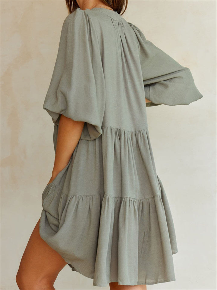 Spring and Summer V-neck Short-sleeved Temperament Casual Style A-line Dress Army Green S M L XL
