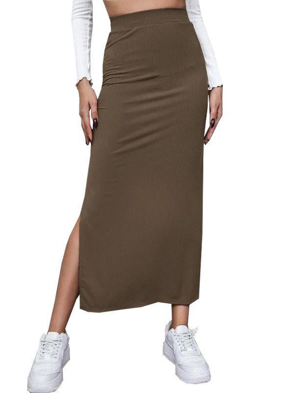 Casual High Waist Side Slit Midi Skirt