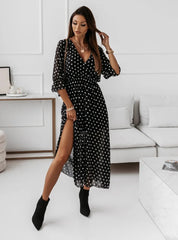 Flowy V Neck Short Sleeve Side Split Maxi Dress