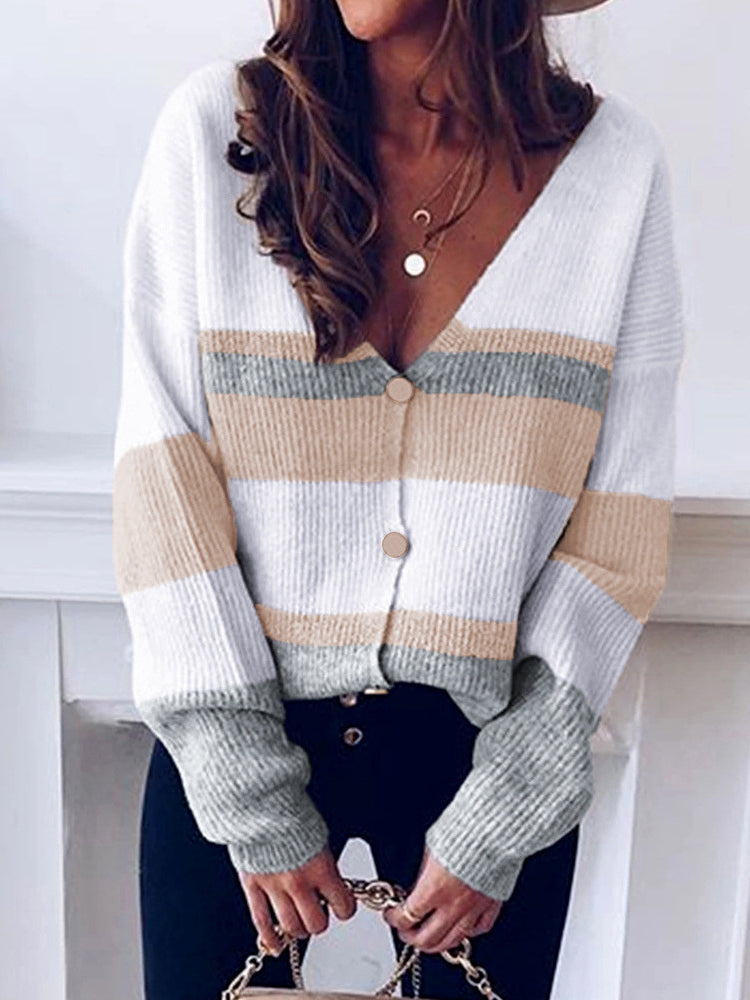 Button Down V-Neck Long Sleeve Knitted Sweater Blouse