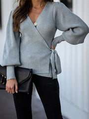 Tie Ribbed Batwing V neck Wrap Knit Sweater Tops