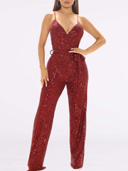 Spaghetti Strap V-Neck Belted Sequin Jumpsuit