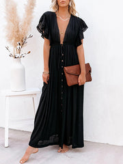 Short Sleeve Deep V Neck Button Down Maxi Dress