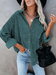 Button Down Long Sleeves Collar Corduroy Jacket Shirt for Women