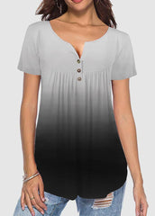 Button Gradient V Neck Short Sleeve T-shirt