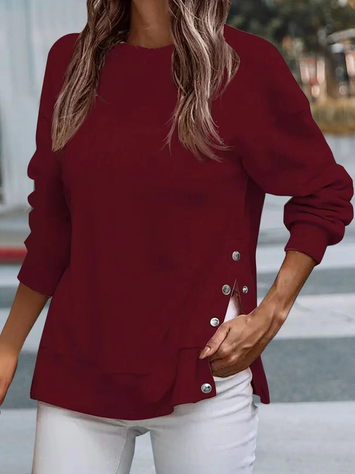 Long Sleeve O-Neck Button Side Slit Solid Sweatshirt