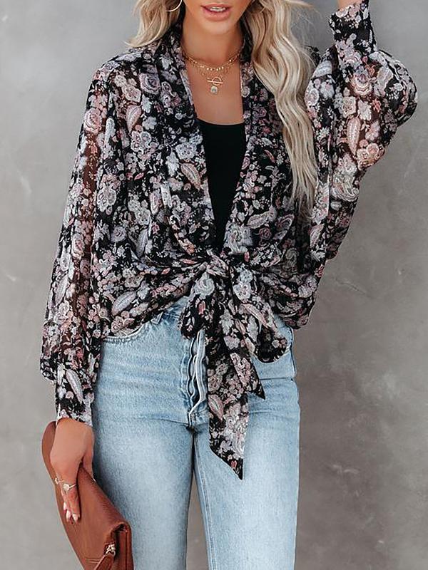 Tie Front Floral Long Sleeve Blouse Top