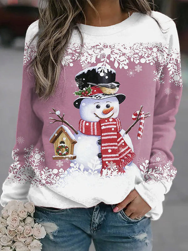 Crew Neck Long Sleeve Snowman Printed Sweatshirt