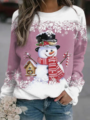 Crew Neck Long Sleeve Snowman Printed Sweatshirt