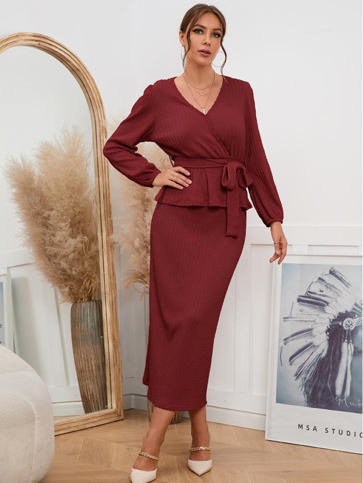 Long Sleeve V Neck Waist Tie Sweater Long Skirt Set