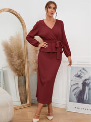 Long Sleeve V Neck Waist Tie Sweater Long Skirt Set