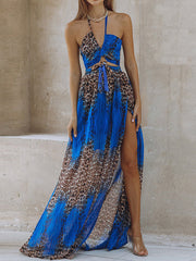 Fashion Tie Shoulder Side Slit Leopard Print Maxi Dress