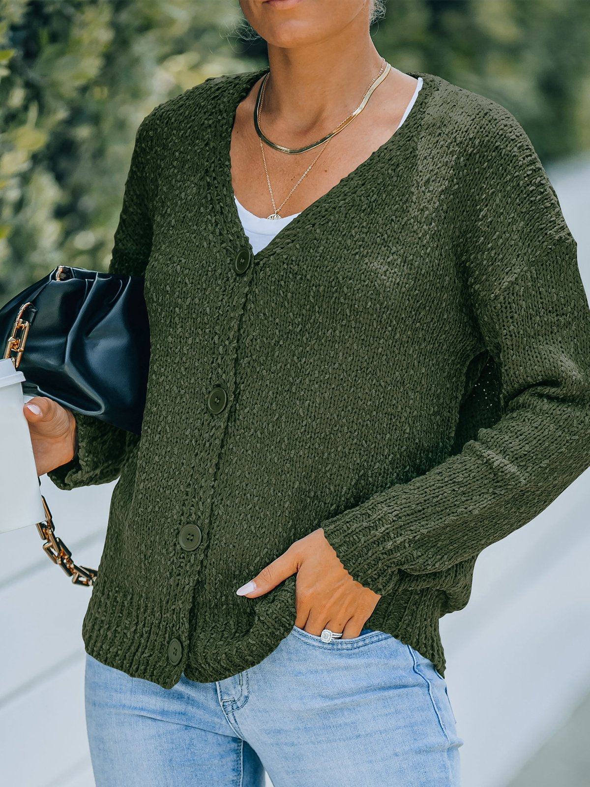 Casual V Neck Button Down Ruffle Sweater