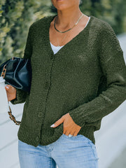 Casual V Neck Button Down Ruffle Sweater