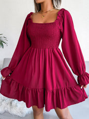 Square Neck Long Sleeve Solid Flared Mini Dress