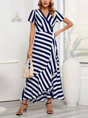 Fashion V-Neck Short Sleeve Striped Loose Maxi Dress