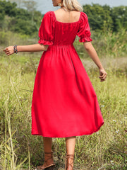 Stylish V Neck Elegant Solid Color For Versatile Puff Sleeve Midi Dress