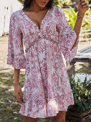 Casual V-Neck 3/4 Sleeve Printed Mini Dress