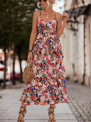 Spaghetti Strap Sleeveless Backless Floral Print Split Maxi Dress