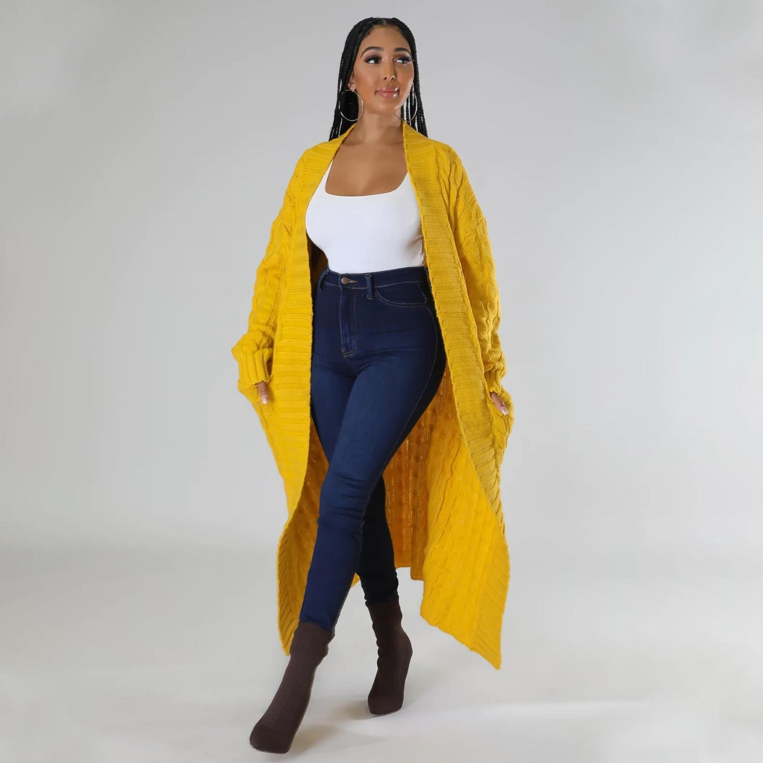 Elegant Solid Long Sleeve Knitted Long Cardigan