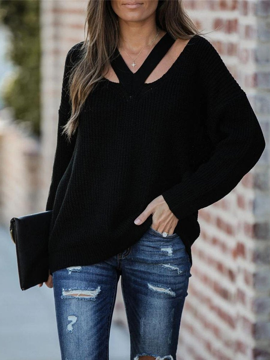 Casual V-neck Long Sleeve Knit Sweater