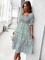 Square Neck Short Sleeves Printed Midi Dress