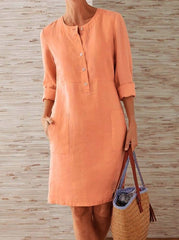 Casual Long Sleeve O-Neck Button Up Midi Dress