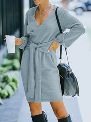 Casual V Neck Long Sleeve Front Wrap Knit Sweater Dress