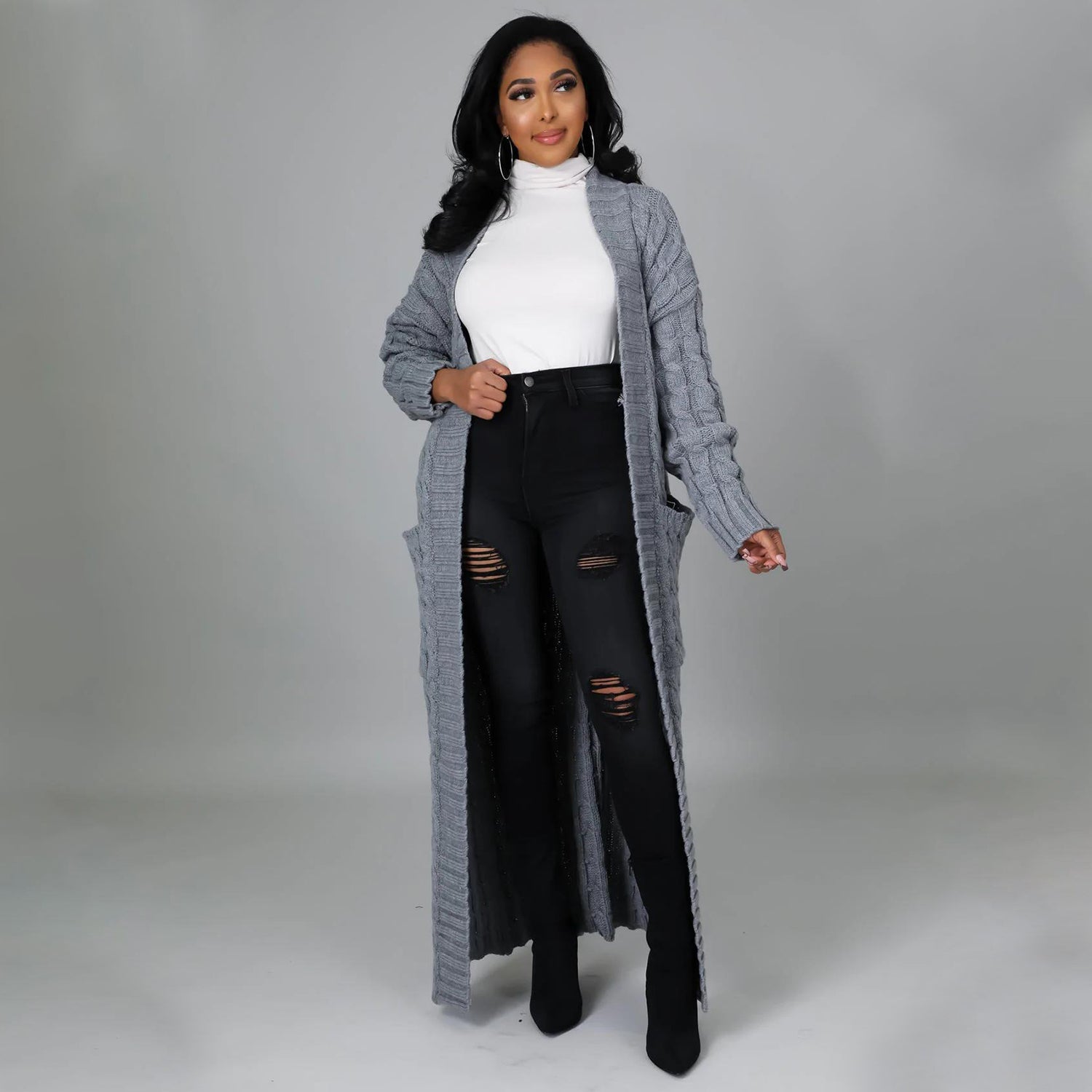 Elegant Solid Long Sleeve Knitted Long Cardigan