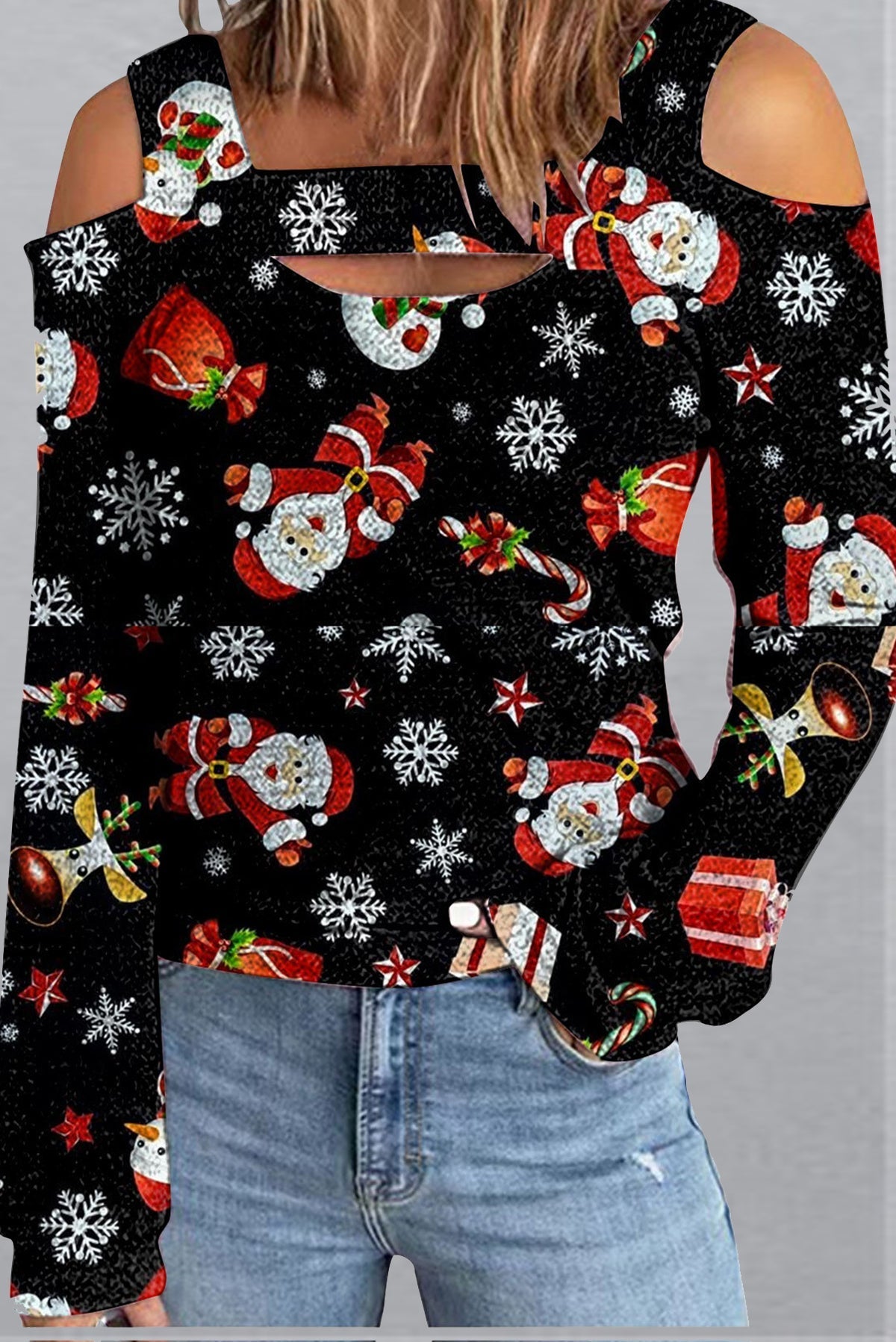 Long Sleeve Cut Out Printed Loose Christmas Blouse
