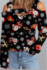 Long Sleeve Cut Out Printed Loose Christmas Blouse
