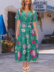 Casual V Neck Tie Waist Floral Maxi Dress