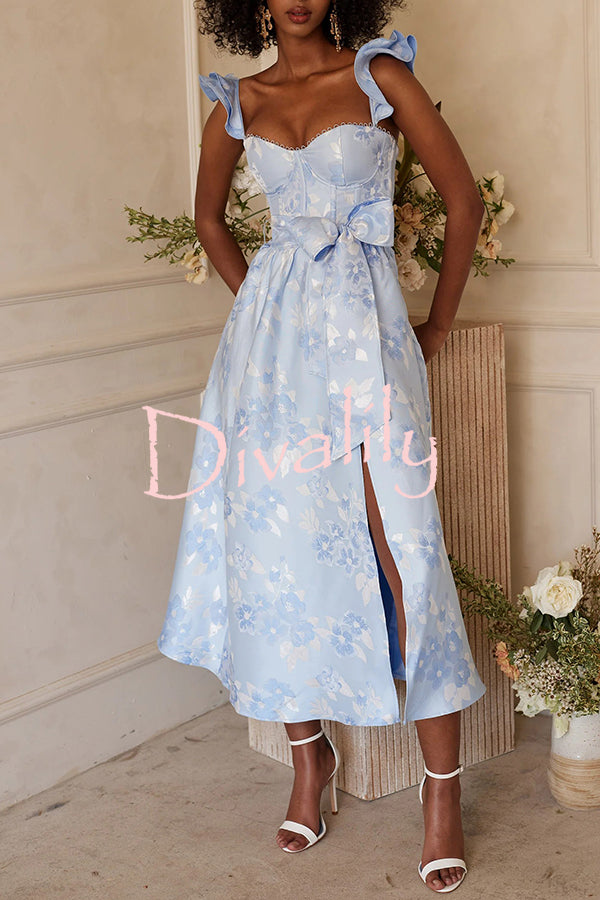 Floral Print Bow High Waist Pocket Midi Dress