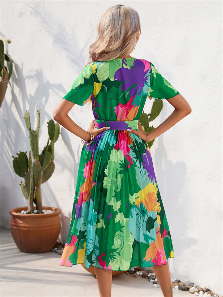 Summer Floral Print Crinkle Short Sleeve Dress V-neck Casual Dress Green Red S-2XL
