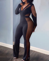Sheer Mesh Insert Plunging Neck Jumpsuit