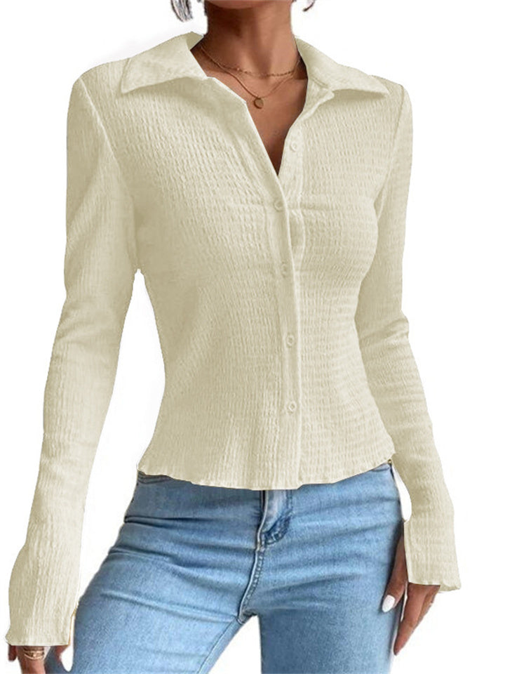 Spring and Summer Women's Solid Color Patchwork Sleeve Openings Slim Type Cardigan Button Up Lapel Regular Sleeve T-shirt Comfortable Casual Style