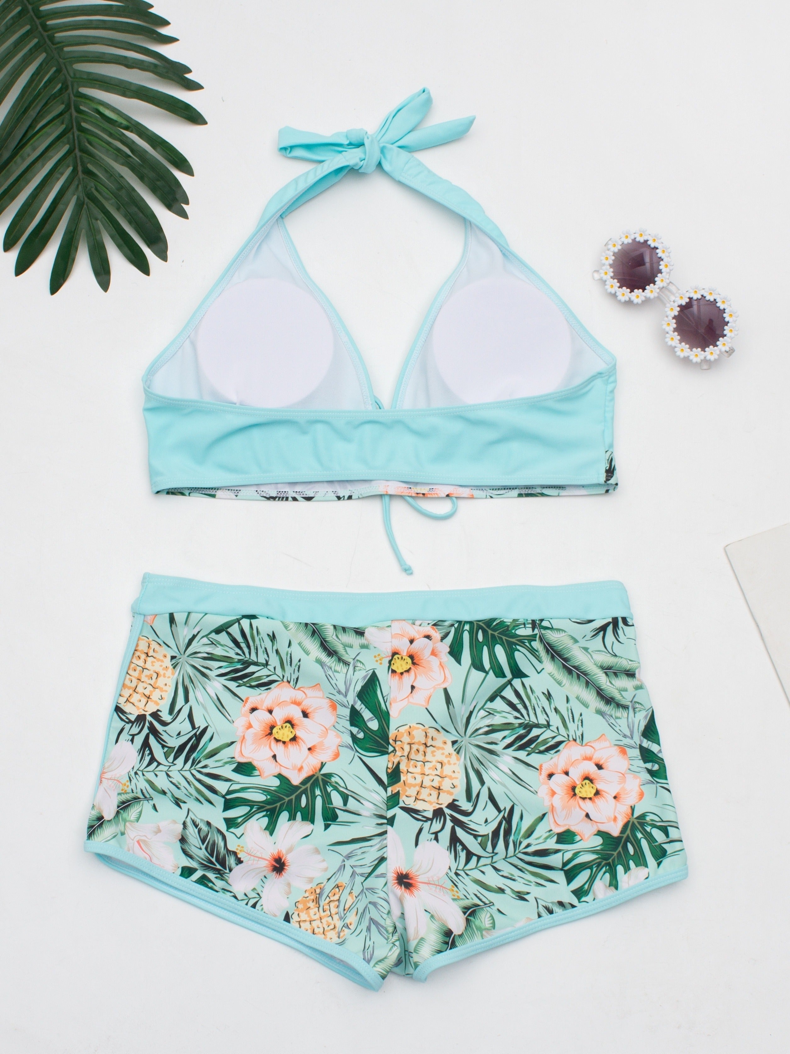 Floral Print Deep V Shape Halter Bikini Boxer Swimsuit