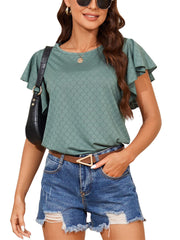 Fashion Women's Summer New Mesh Round Neck Ruffle Ruffle Sleeves Loose Solid Color Short-sleeved Pullover T-shirt Tops Female