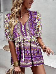 Tassel V-neck Print Casual Resort Style Tops Ladies Short Sleeve Blue Purple S M L XL