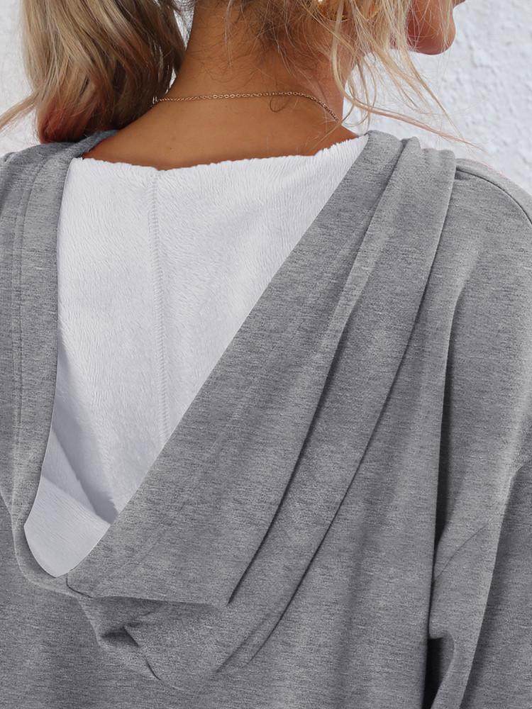 Solid Loose Sherpa Lined Pullover Hoodie Sweatershirt