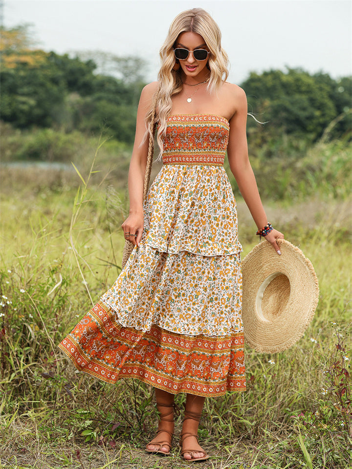 Summer New Fresh Sweet Ruffle Sleeveless Collarless Floral Skirt Bohemian Breasted Umbrella Skirt In The Long Dress Dress Female