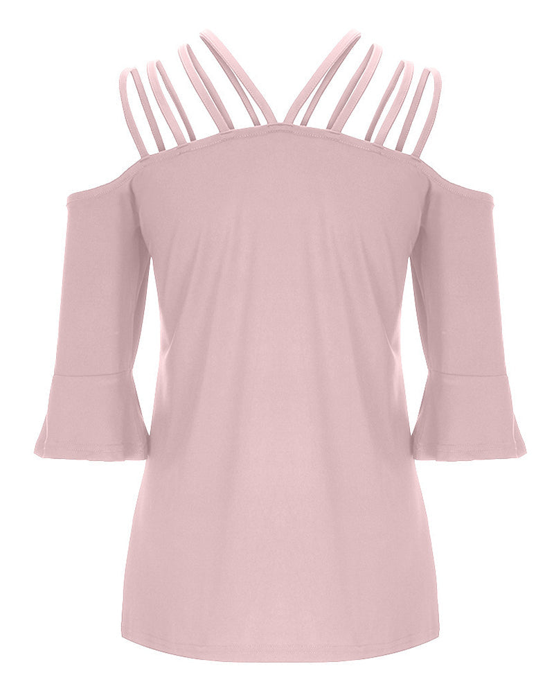 Strappy Detail Bell Sleeve Cold Shoulder Blouse