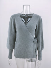 Tie Ribbed Batwing V neck Wrap Knit Sweater Tops