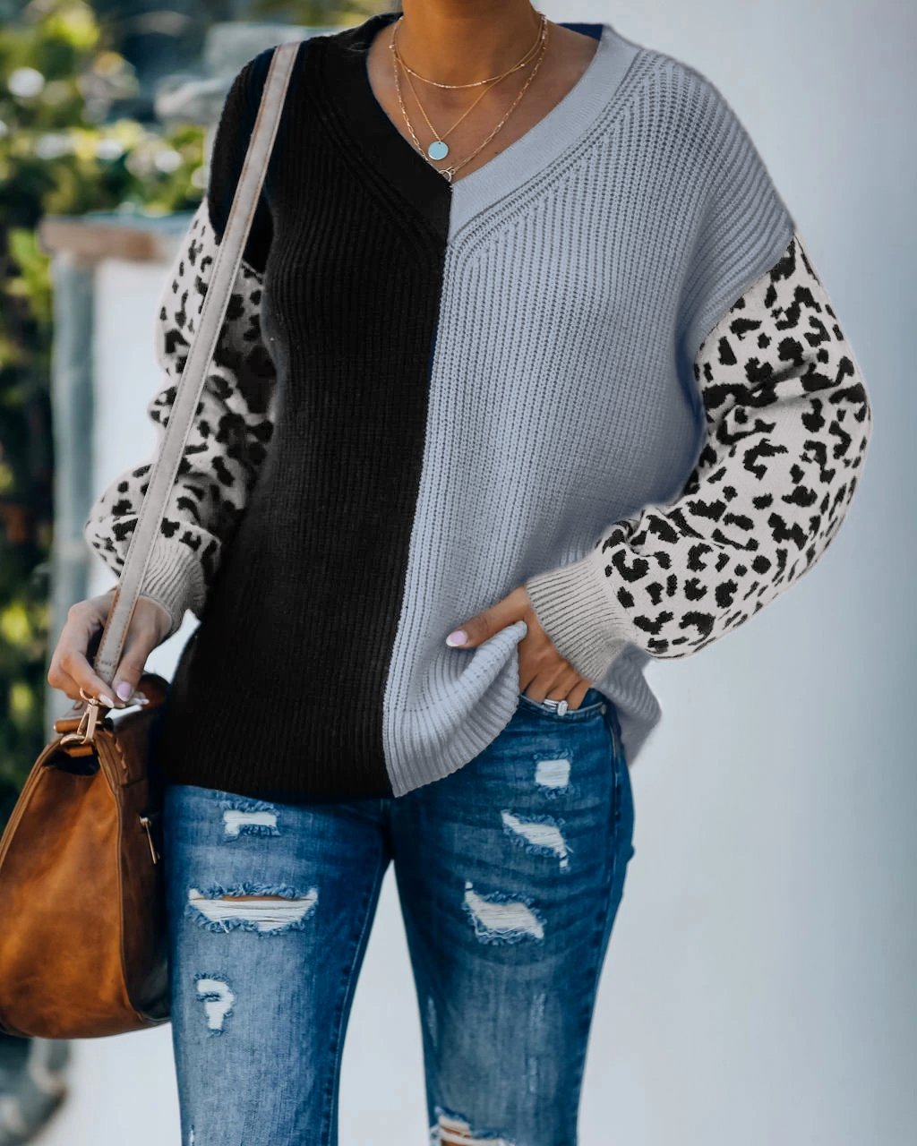 Casual Knitted V Neck Loose Long Sleeve Sweater