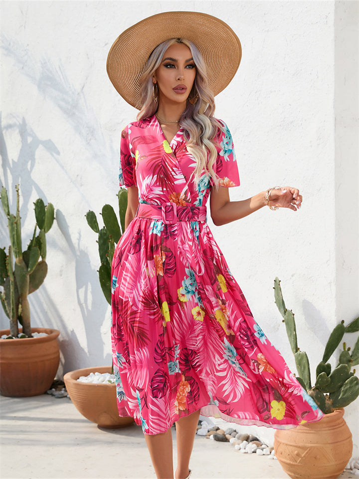 Summer Floral Print Crinkle Short Sleeve Dress V-neck Casual Dress Green Red S-2XL