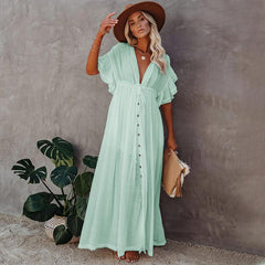 Short Sleeve Deep V Neck Button Down Maxi Dress