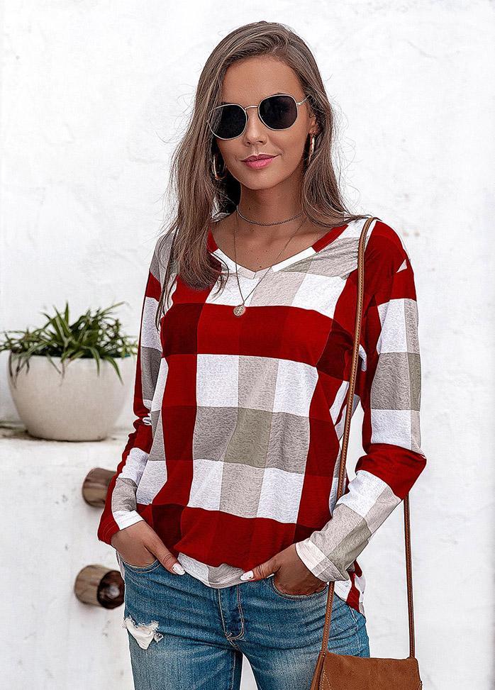Long Sleeve V Neck Plaid Shirt